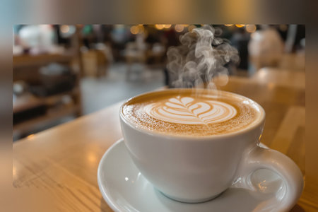 Hot art Latte Coffee in a cup on wooden table and Coffee shop blur background with bokeh image.の素材