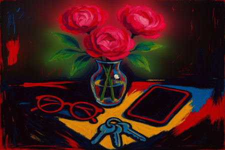 Still life with a bouquet of red roses, glasses, a tablet and a key on a black background.の素材