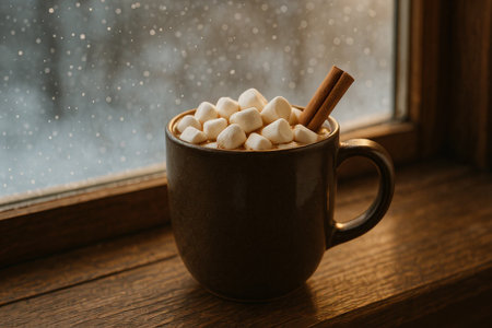 Cup of hot chocolate with marshmallows and cinnamon on windowsillの素材