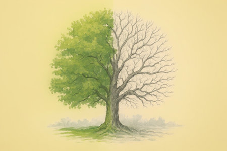 Watercolor illustration of a tree in the middle of the field.の素材