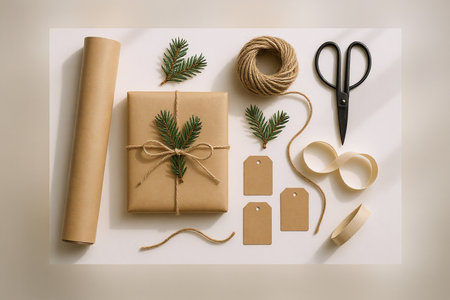 Christmas presents wrapped in kraft paper and tied with twine.の素材