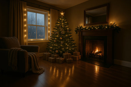 Christmas tree with presents and fireplace in dark living room interior at nightの素材