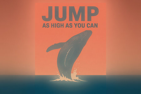 Jumping whale against orange background with vignette, 3d renderの素材
