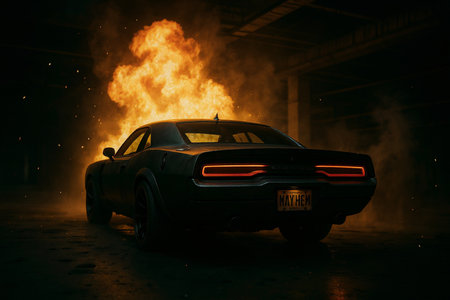 Burning car in the garage at night. Smoke on the car.の素材