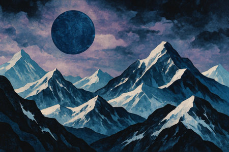 Mountain landscape with snow-capped peaks and moon. Digital painting.の素材