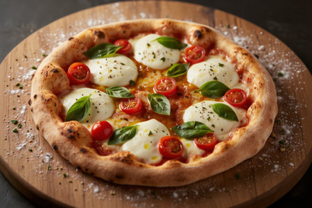 Italian pizza with mozzarella cheese, cherry tomatoes and basil on wooden boardの素材