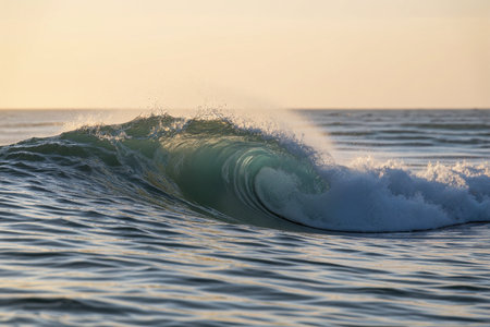 Surfer in the ocean at sunset. Beautiful wave on the beachの素材