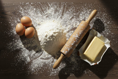 Baking ingredients on a wooden table with flour, eggs and rolling pinの素材