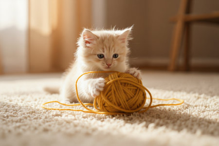 Cute little kitten playing with ball of yarn on carpet at homeの素材