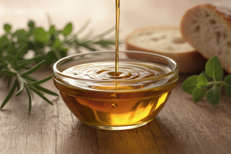 Bowl with fresh oil and bread on wooden table, closeupの素材
