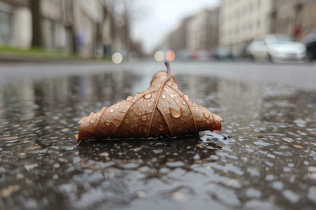 Rain drops on a autumn leaf. Raindrops on the asphalt.の素材