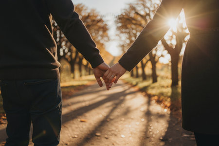 Couple in love holding hands and walking on the road in the parkの素材