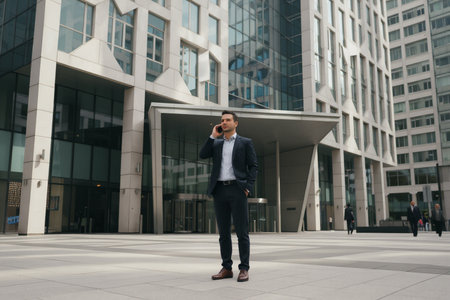 Young handsome businessman talking on mobile phone in front of modern office buildingの素材