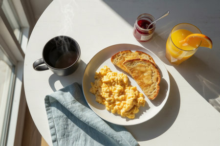 Breakfast with scrambled eggs, coffee and orange juice on white tableの素材