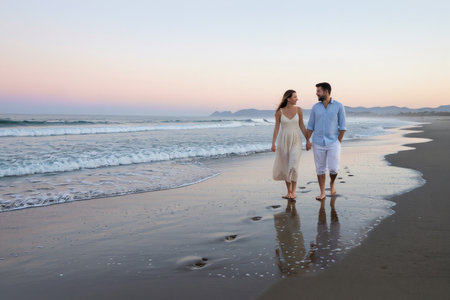 Full length portrait of a happy young couple walking on beach at sunsetの素材