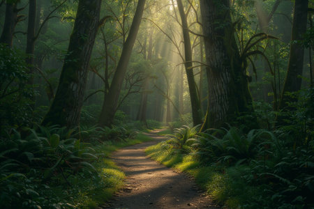Morning in the forest with sun rays passing through tree trunks.の素材