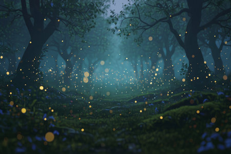 Fantasy forest with fog and light spots. 3D illustration.の素材