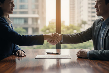 Business people shaking hands, finishing up a meeting. Businessman and businesswoman handshaking after finishing up a meeting.の素材
