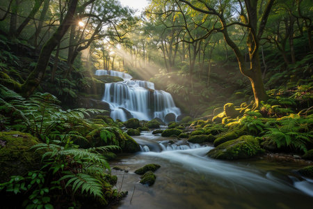 Beautiful waterfall in the forest at sunrise. Summer landscape with a waterfallの素材