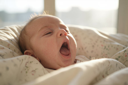 Cute little baby yawning in bed. Close up portrait of adorable infant.の素材