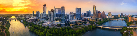 Austin Skyline in the evening and bluehourの写真素材
