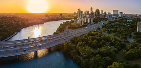 Austin Skyline in the evening and bluehourの写真素材