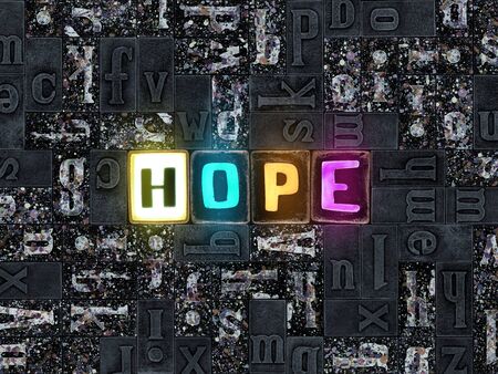 The word Hope as unique typeset symbols, letters over mosaic abstract pattern backgroundの写真素材