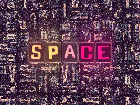 The word Space with neon luminous glowing, unique typeset letters abstract mosaic pattern background, lettering symbols collection for space posterの写真素材