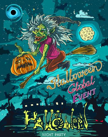Halloween poster with flying witch riding broom with pumpkin drawing by ink in vector. Hand drawn illustration.のイラスト素材