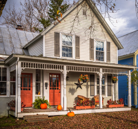 Charming old house during autumn with pumpkins, Vermont, New England, USAの写真素材