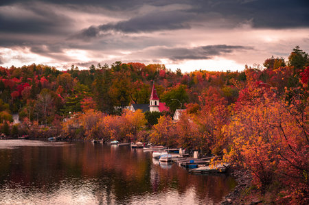 Picturesque village of Wakefield during autumn colourful foliage, Quebec, Canada