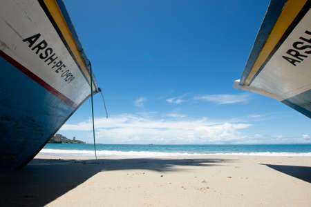 Boats in the sand. Blue sea. Caribbean beach. Sunny day. Holidays. blue seaの写真素材
