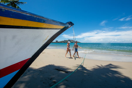 Boats in the sand. Blue sea. Caribbean beach. Sunny day. Holidays. blue seaのeditorial素材