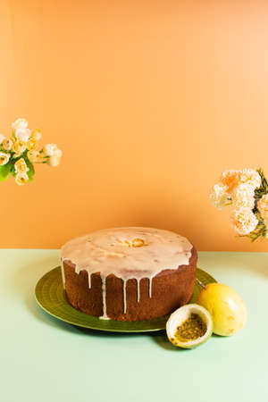 Fluffy passion fruit cake. Tropical fruit cake. Angel cake. Desert. Sweet