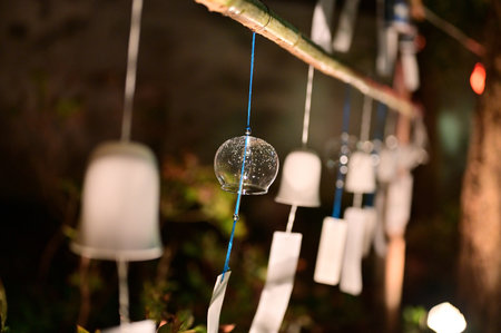crystal ball hanging on the rope in the garden at night.