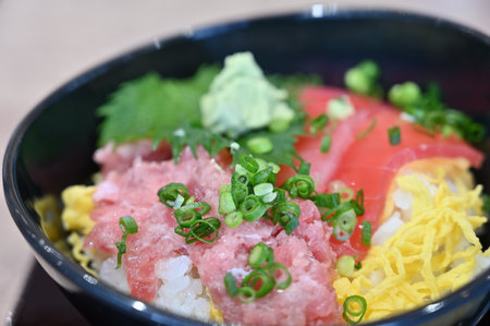 japanese cuisine. Tuna sashimi on rice bowlの写真素材