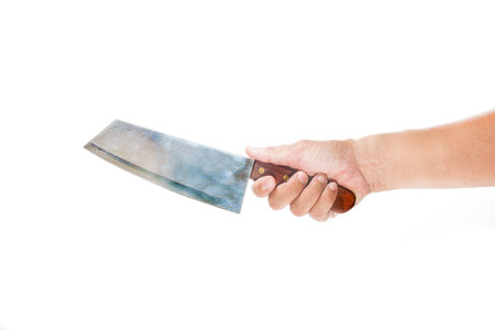 Man s hand holding a knife on a white background 