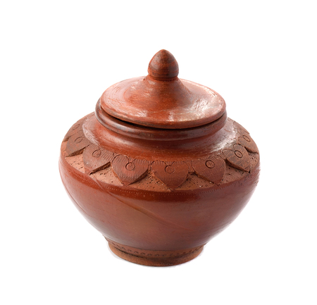 Clay pot with lid on white backgroundの写真素材
