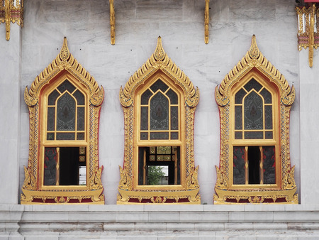 Three windows of The Marble Temple  Wat Benjamabophit  , Bangkok, Thailandの写真素材