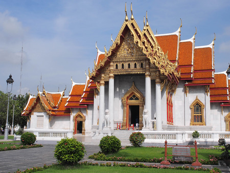 The Marble Temple  Wat Benjamabophit  was under the cloudy sky, Bangkok Thailandの写真素材