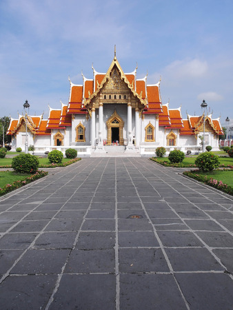The Marble Temple (Wat Benjamabophit) was under the cloudy sky, Bangkok Thailandの写真素材