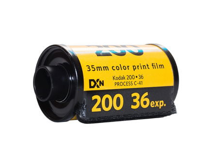 Used Kodak 200 film badge isolated on white background. In film photography era, Kodak film is the most favorite film for worldwide photographer.のeditorial素材