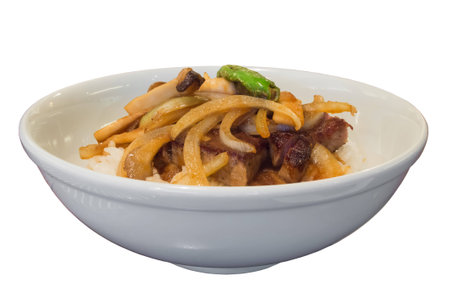 Japanese beef steak rice with white bowl isolated on white backgroundの写真素材