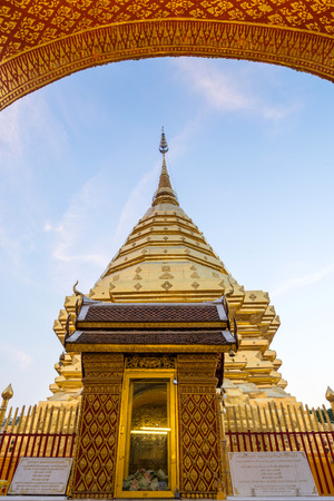 The Grand Golden Pagoda in Wat Phra That Doi Suthep is the most attractive landmark of Chiangmai in Thailand, during twilight periodの写真素材