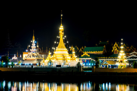 Wat Jong Klang is landmark of Maehongson, delicate unique fusion Burmese and Thai art in Thailand, on black backgroundの写真素材
