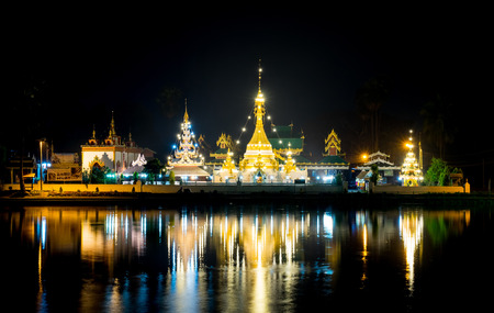 Wat Jong Klang is landmark of Maehongson, delicate unique fusion Burmese and Thai art in Thailand, on black backgroundの写真素材