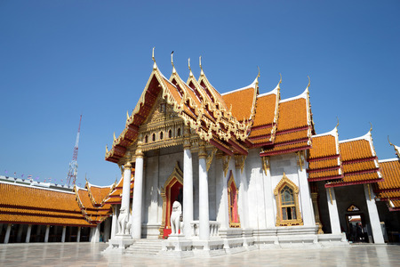 Marble temple is landmark of Bangkok, Thailand, under blue skyの写真素材