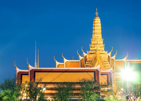 Outside beautiful landmark view of The Grand Emerald temple in Bangkok, Thailand with night light viewの写真素材