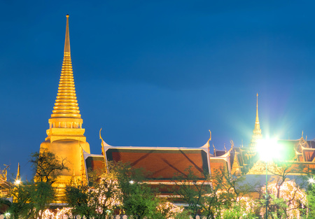 Outside beautiful landmark view of The Grand Emerald temple in Bangkok, Thailand with night light viewの写真素材