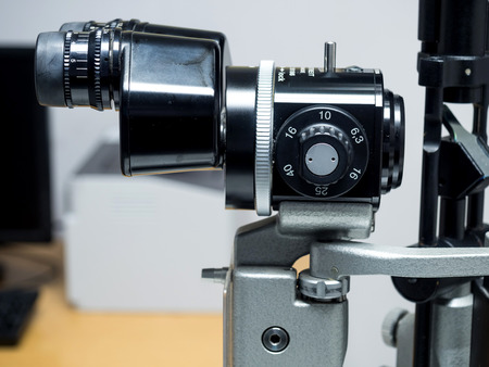 BANGKOK - JULY 29: Haag-Streit slit lamp biomicroscope for eye examination in ophthalmologist office in hospital in Bangkok, Thailand, was taken on July 29, 2015.のeditorial素材